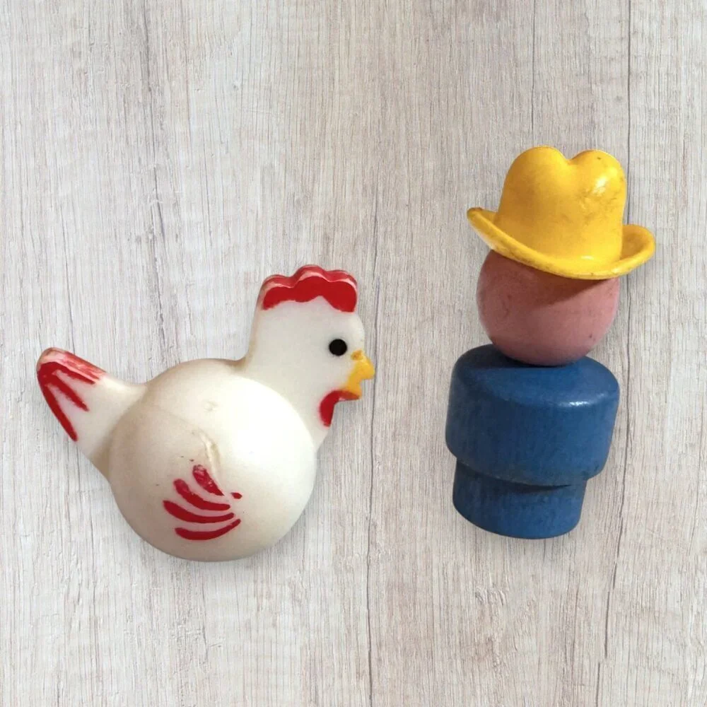 Vintage Fisher Price Wooden Farm Animals Cow Figures Chicken Farmer Lot